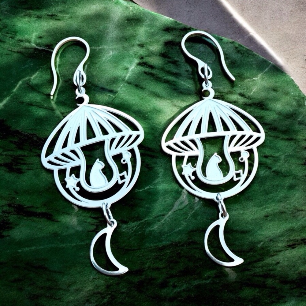 🆕 Cat in a Mushroom Laser Etched Earrings Stainless Steel